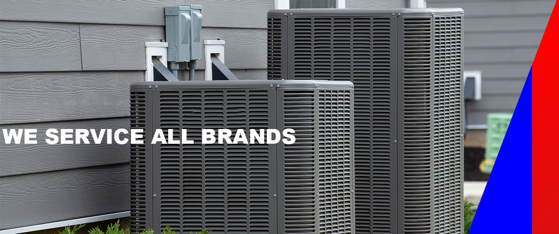 Two outdoor air conditioning units beside a residential home with the message “We Service All Brands”