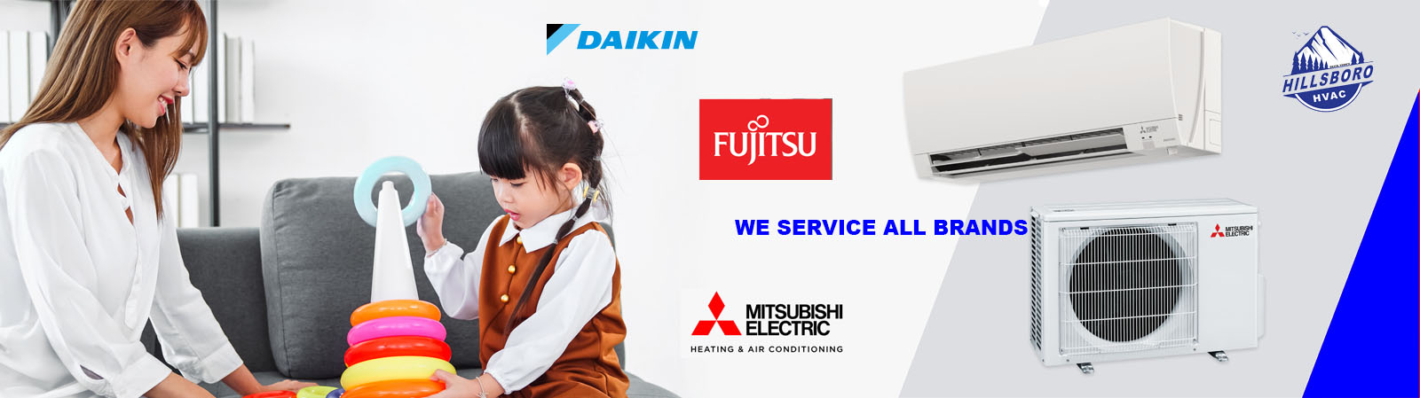 Mother and child relaxing at home with ductless mini split systems from Daikin, Fujitsu, and Mitsubishi Electric