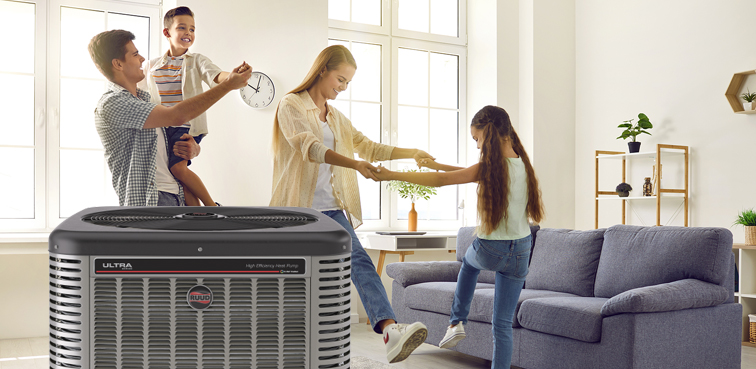 Happy family enjoying indoor comfort with a Ruud Ultra Series heat pump